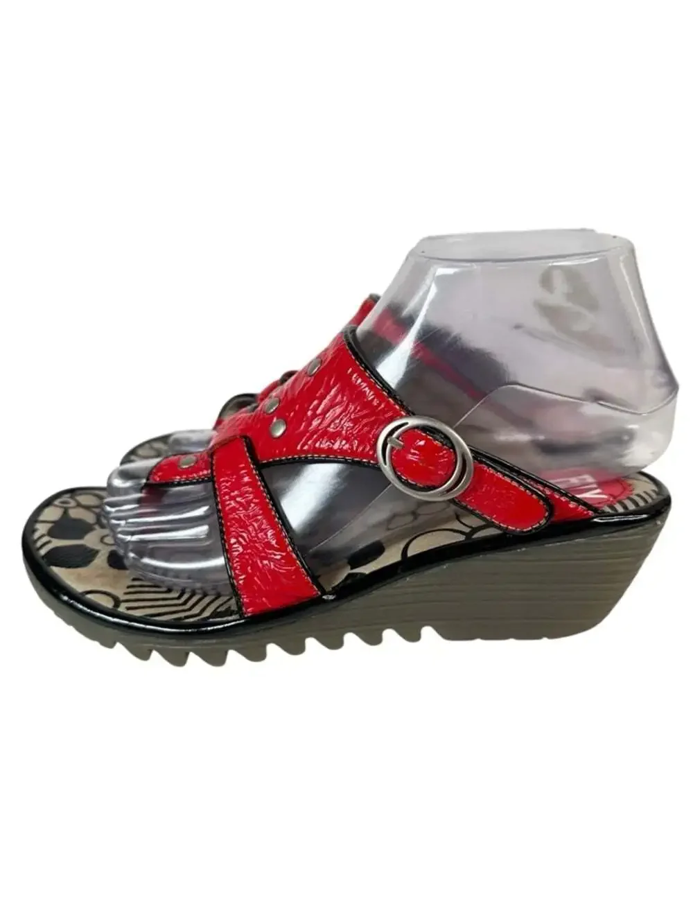 Fly London Womens Euro 37 Red Patent Platform Comfort Wedge Sandals Size 6